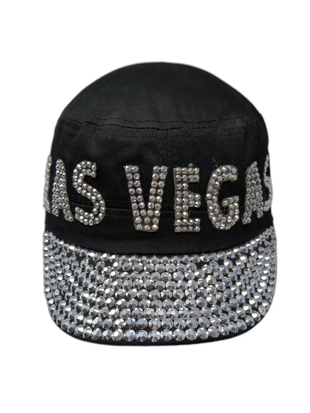 Somethingspecial Black Silver Army Cap Hat One Size Las Vegas Rhinestone Jeweled
